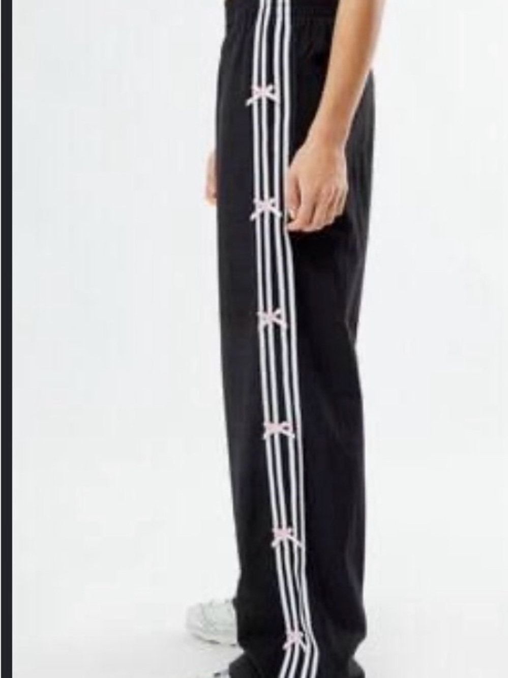 Black Track Pants with White Side Stripes and Pink Bow Accents